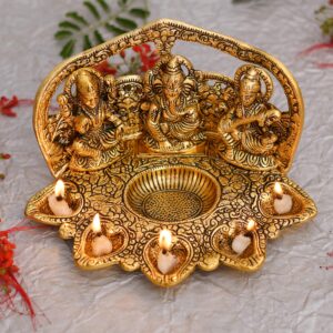 Elegant Lakshmi Ganesh Saraswati Idol with Diya Oil Lamp – Traditional Metal Showpiece for Diwali Puja and Home Decor